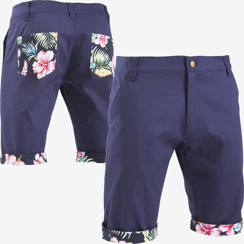 ストレッチツイルハーフパンツ1 XL ネイビー×花柄