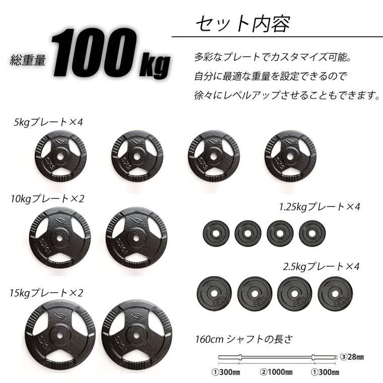 ハンマートーンバーベルセット2 100kg 160cm(ダンベルシャフト付き)