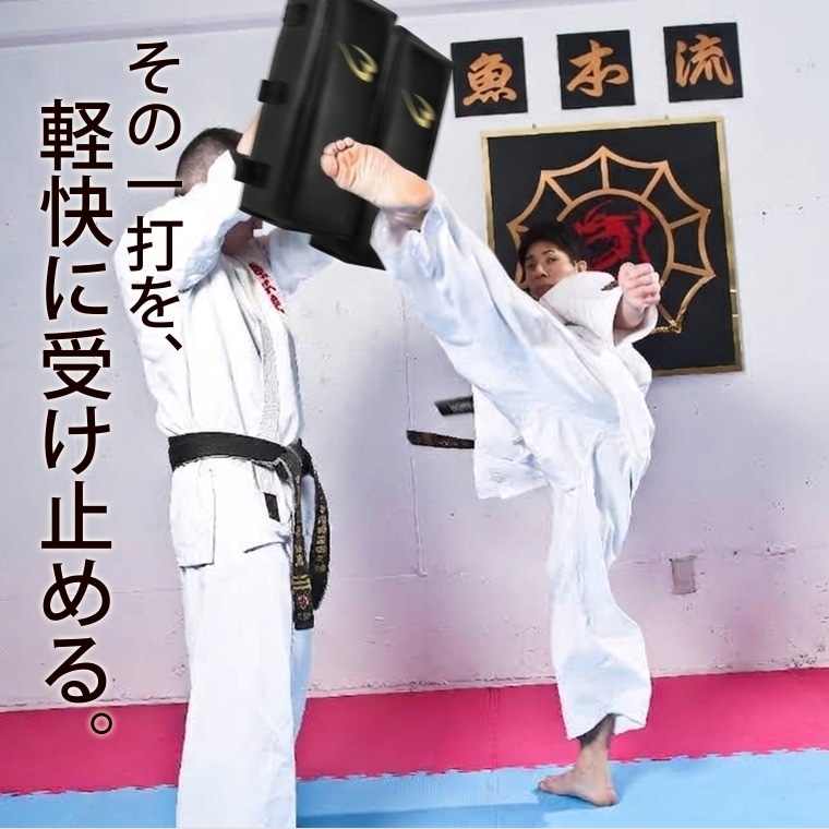 キックミットを保持する空手家と、そのミットに向かって高い後ろ回し蹴りを放つ別の空手家の姿。その一打を、軽快に受け止める。というキャッチコピー。