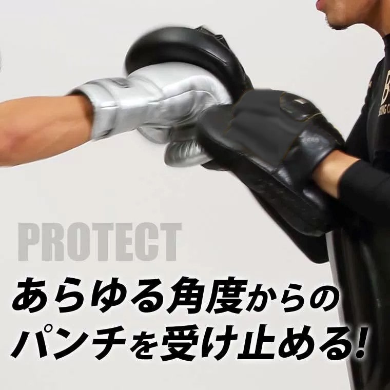 PROTECT。あらゆる角度からのパンチを受け止める！シルバーのボクシンググローブを着用した腕が、黒いパンチングミットに向かってパンチを放つ、インパクトの瞬間を捉えた動的な構図。