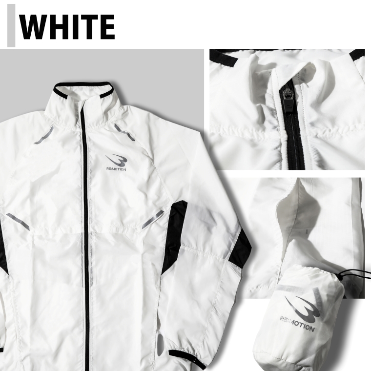 WHITE。ホワイトカラーの全体像、ファスナーや襟元のディテール、ポケットおよび付属の収納ポーチ。