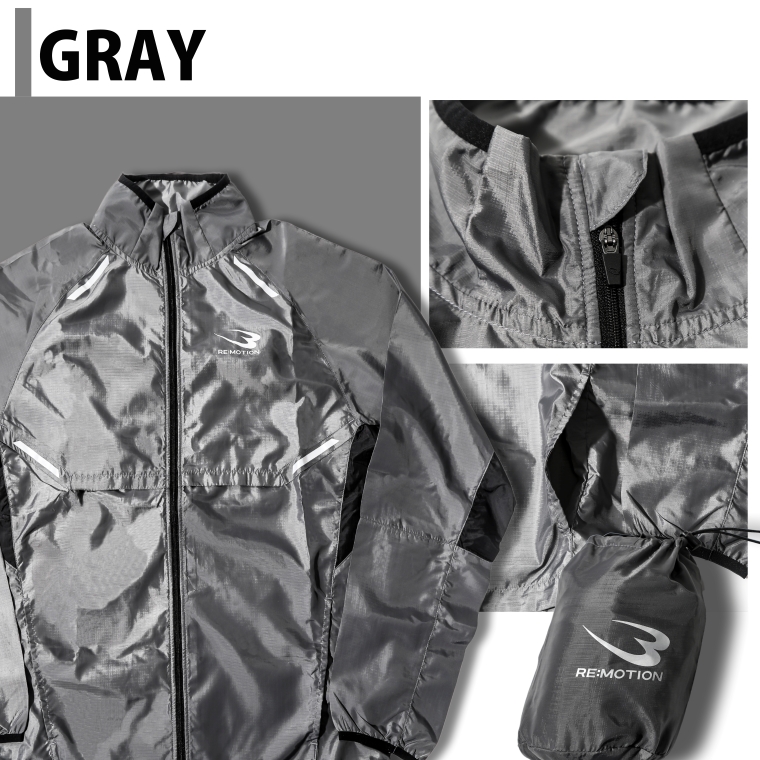 GRAY。グレーカラーの全体像、首元のジッパー仕様、ポケット部分およびロゴ入り収納ポーチ。