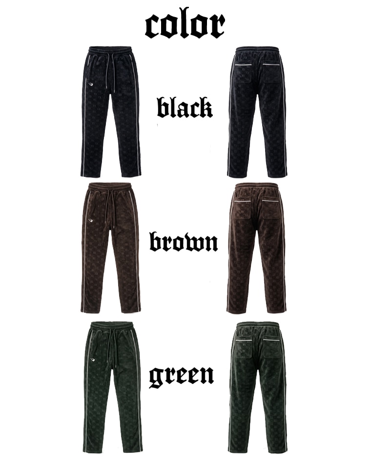 color。black（ブラック）、brown（ブラウン）、green（グリーン）の3色展開を示す、ベロアモノグラムロングパンツのフロント・バック一覧。