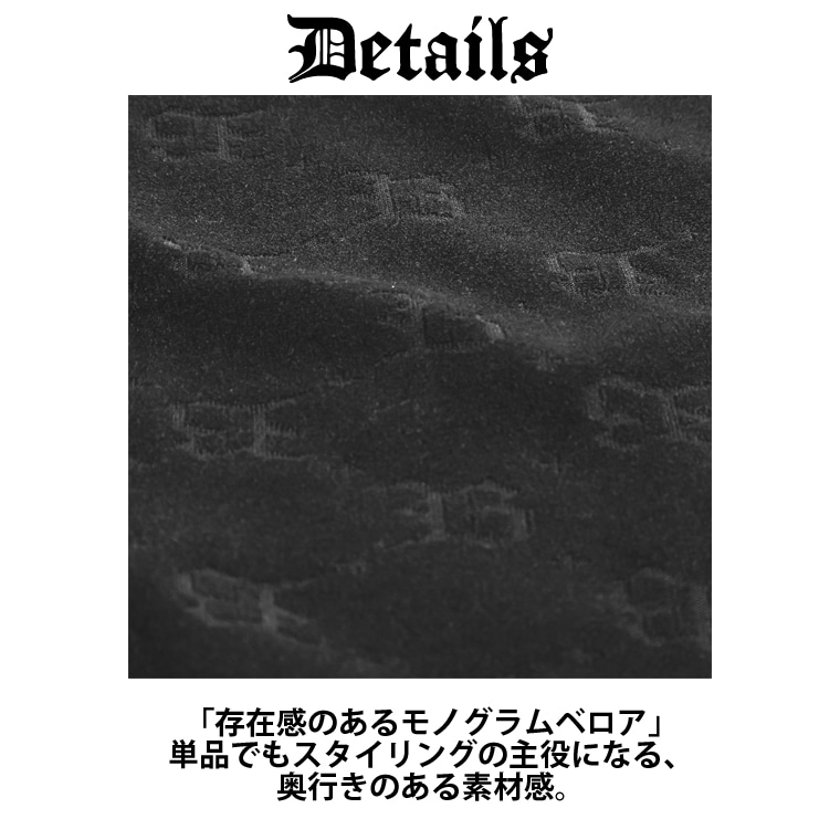 Details。「存在感のあるモノグラムベロア」単品でもスタイリングの主役になる、奥行きのある素材感。生地の立体的なモノグラム柄のクローズアップ。