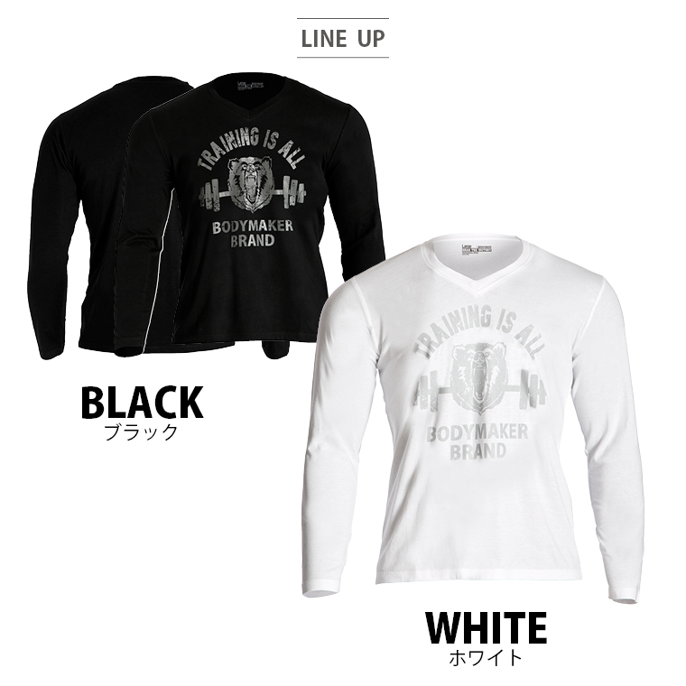 カジュアルプリントロングTシャツ グラフィックTシャツ メンズロングスリーブ スポーツTシャツ BEARプリント VネックロングスリーブTシャツ